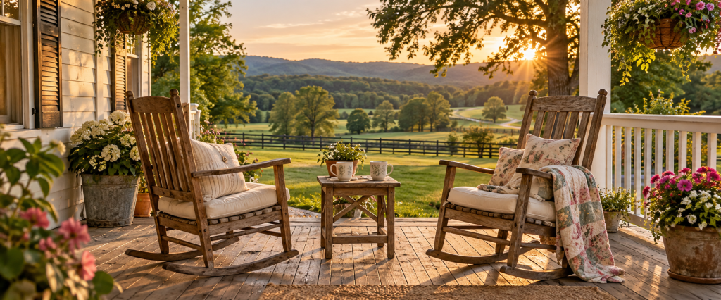Two wooden rocking chairs and coffee mugs on a cozy farmhouse porch overlooking country hills at sunset.